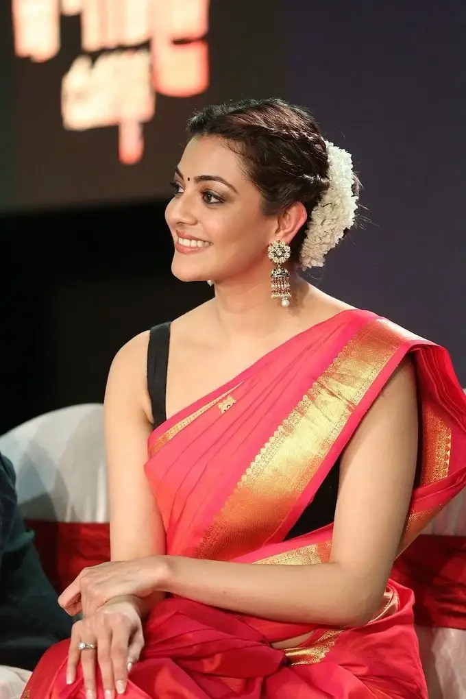 Indian Girl Kajal Aggarwal In Sleeveless Red Saree